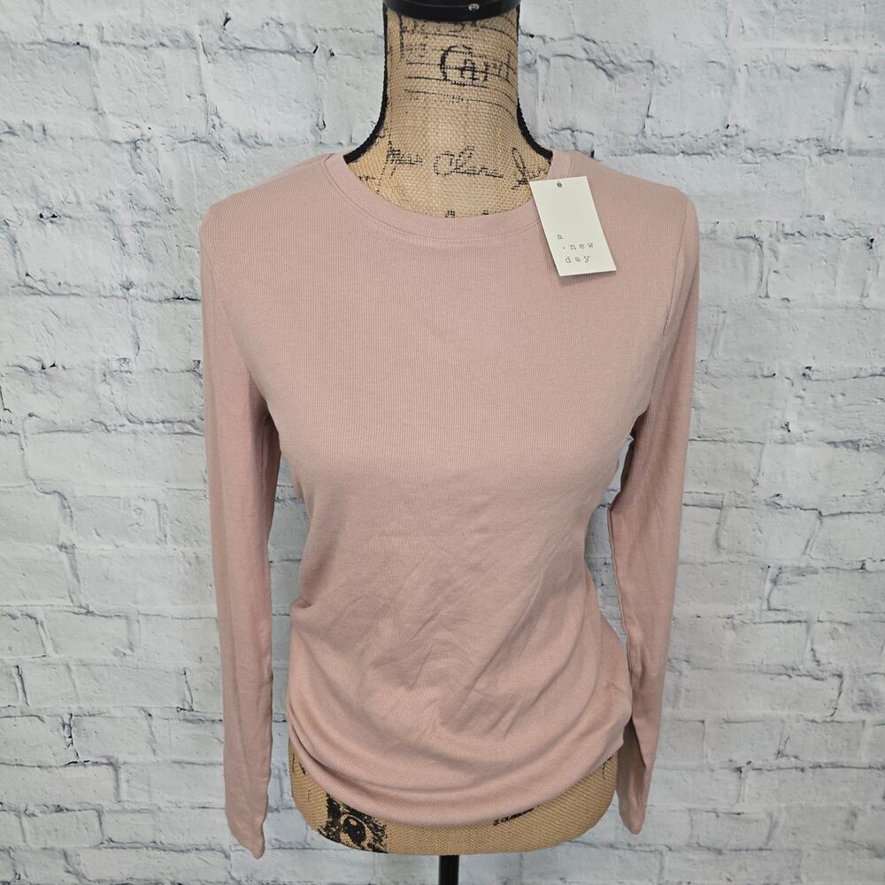A new day long sleeve ribbed basic top Sz L pink scoop neck